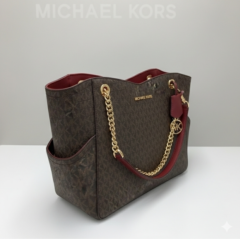 MICHAEL KORS LARGE X CHAIN LOGO SHOULDER BAG DARK CHERRY COLOR (NWT) - Picture 11 of 13